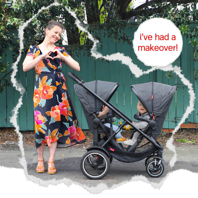 loving mum with two children in voyager double buggy - hi-five seats facing each other with sun hoods extended colour_sky