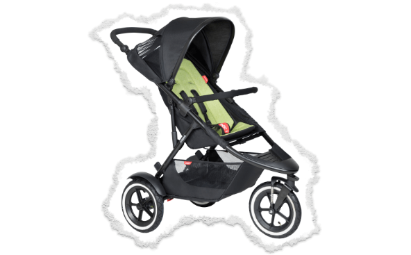 three quarter view of sport™ 3 wheel baby and toddler buggy with sunhood and apple coloured seat liner
