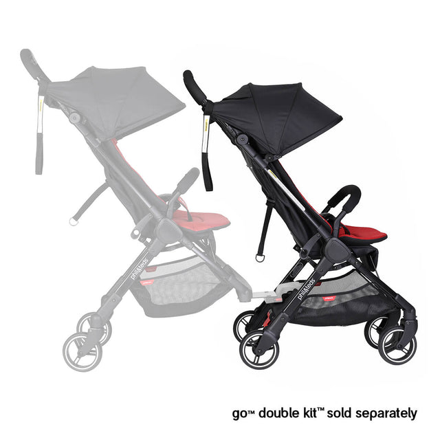 go buggy side on showing the additional accessory of the double kit for two to make a compact lightweight inline buggy for two kids