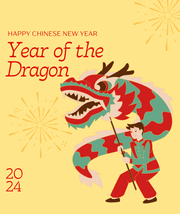 Illustrated graphic of man with dragon dance puppet celebrating Chinese year of the dragon 2024 - phil and teds