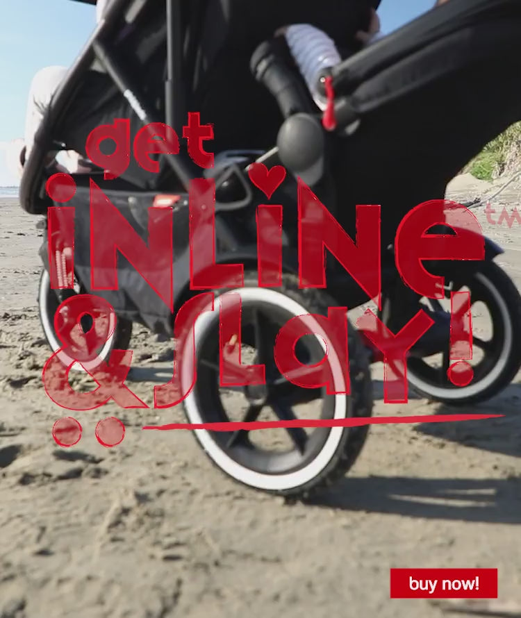 Parents pushing toddlers along the beach using sport™ and voyager™ inline prams. From infant to toddler and adjustable to inline double at any time using double kit™ (sold separately).