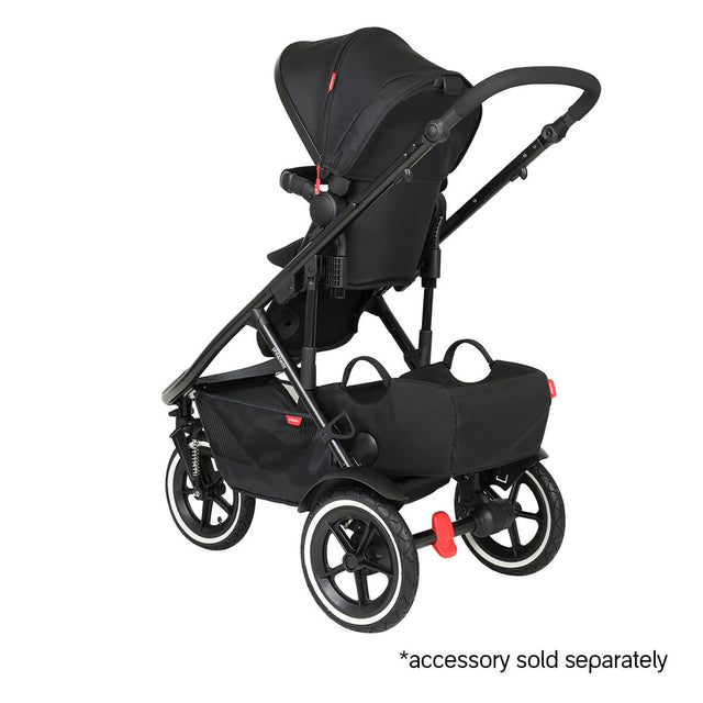 phil&teds sport verso inline buggy front facing toddler mode with sunhood extended halfway and tote storage bag - tote inline accessory sold separately - 3/4 rear view_butterscotch