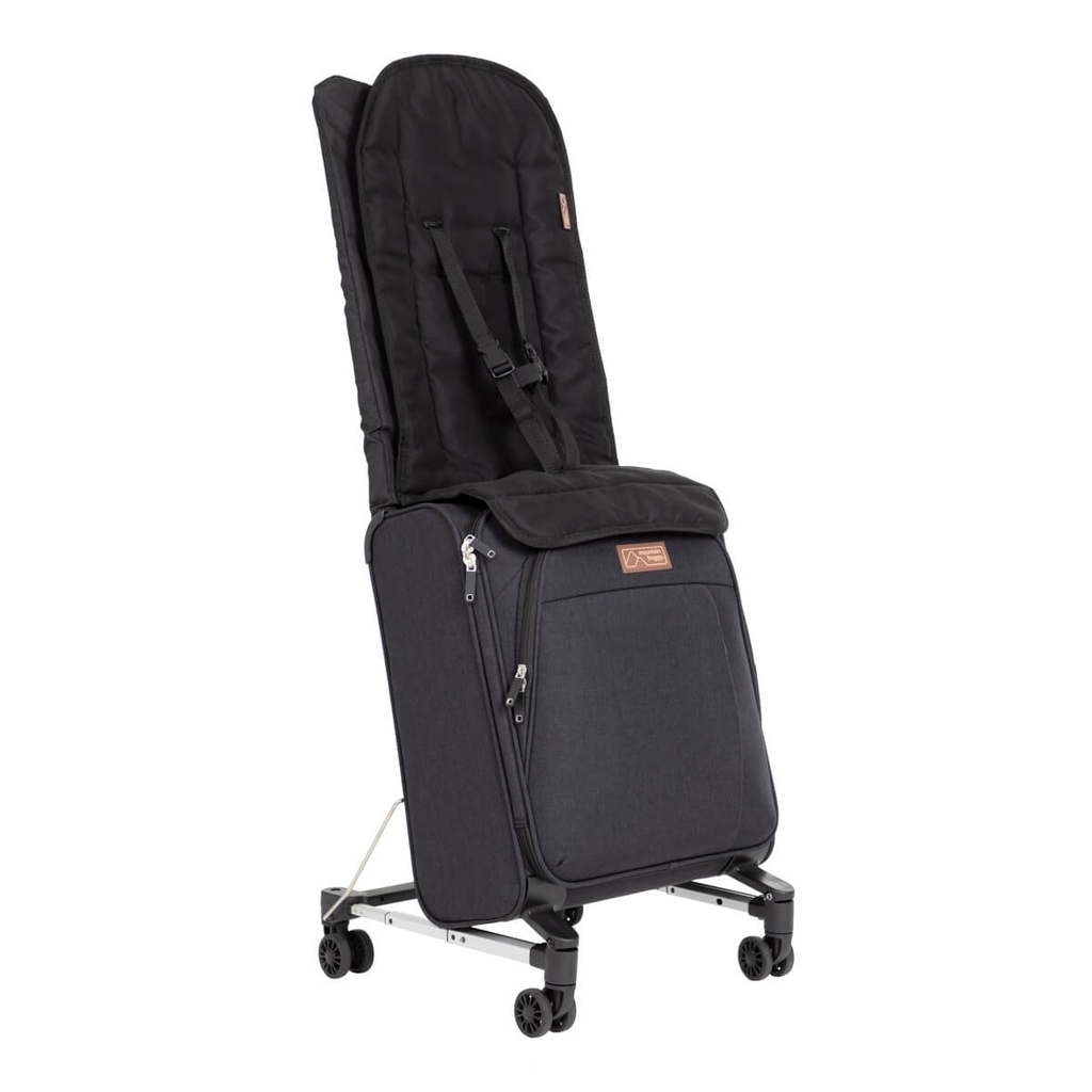 skyrider ride on suitcase shown front side angle with the child seat and harness in position
