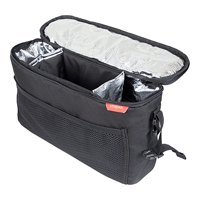 phil&teds caddy storage bag in black with lid open 3/4 view