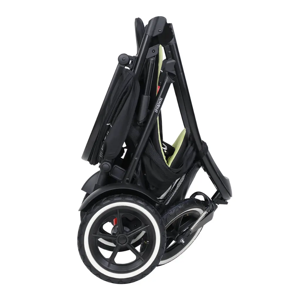 phil&teds-sport-buggy-folded-standing-in-apple-green-colour-side-view.webp